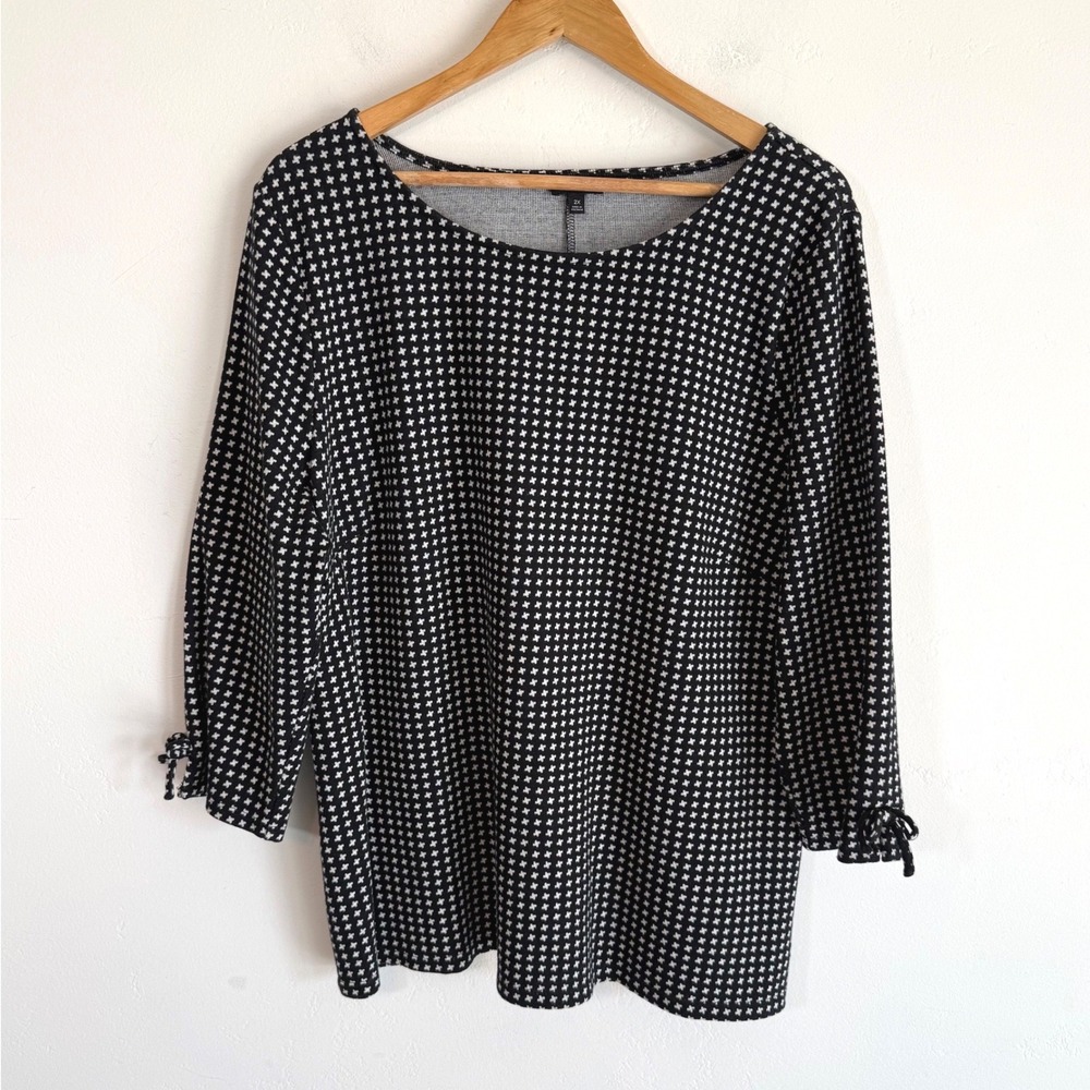 Talbots Geometric Tie Sleeve Knit Top Plus Size 2X Black White Mod Preppy Career